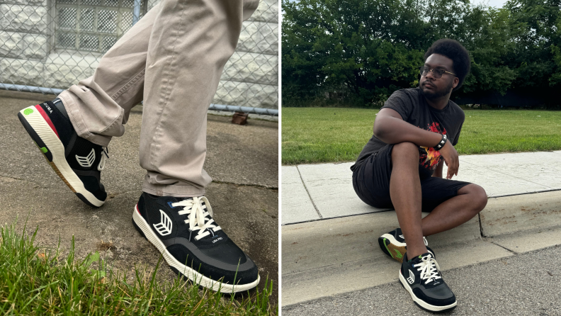 Two views of a man wearing Cariuma sneakers.