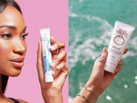Closeup shots of acne treatment and sunscreen products.