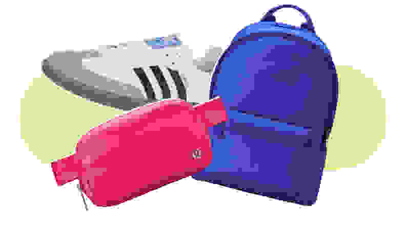 Collage of an Adidas sneaker, pink belt bag, and a blue backpack.