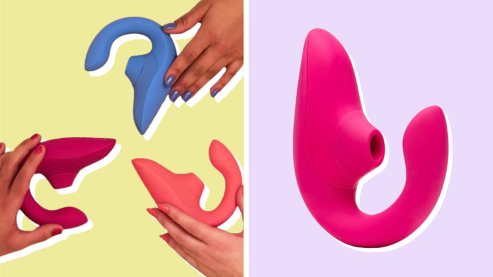 A collage of the Womanizer Blend sex toy on purple and yellow backgrounds.