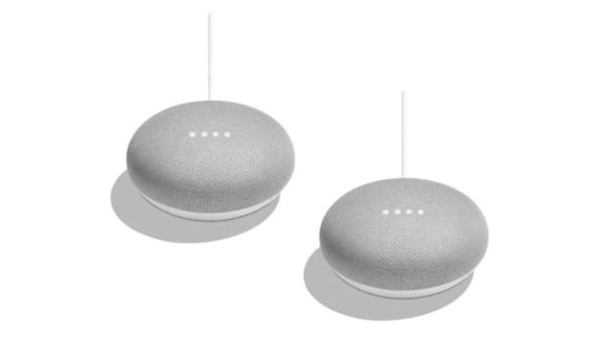 Two grey Google Home Mini smart speakers on white background