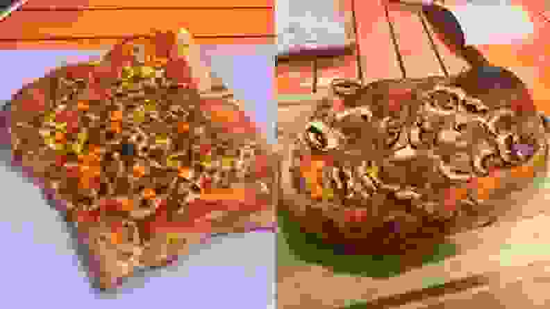 Photo collage of two cooked pizzas on top of purple and wooden surfaces.