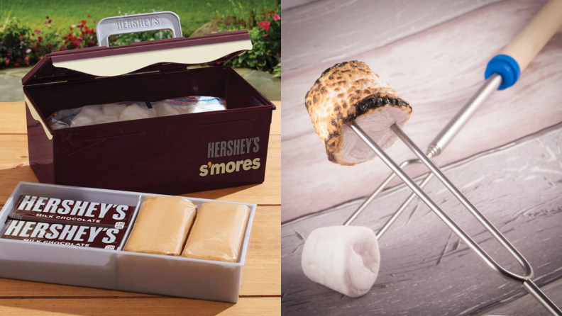 A Hershey Chocolate tray and s'mores.