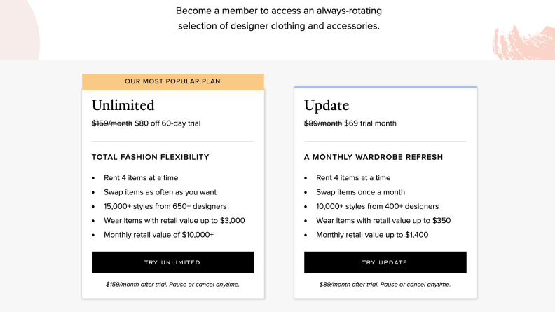 Rent the Runway offers two levels of subscriptions.