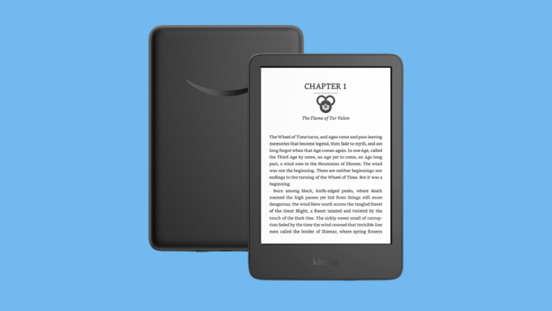 Front and back of Amazon Kindle against blue background