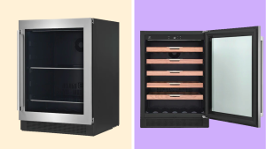 An image of a stainless steel beverage center alongside an image of a stainless steel, upright wine cooler with walnut shelving and an open door.
