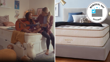 Two people sitting on a Saatva mattress next to a photo of a Saatva mattress with blankets and pillows on it.