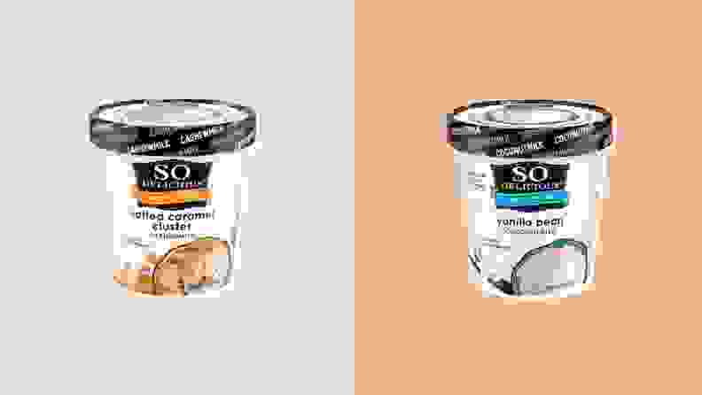 Two pints of dairy free ice cream from So Delicious side by side.