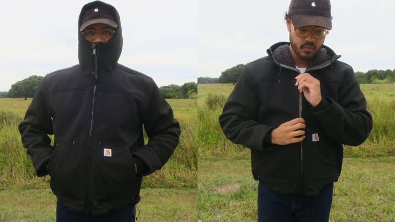 Man in zipped up Carhartt Super Dux Active Jac hoodie.