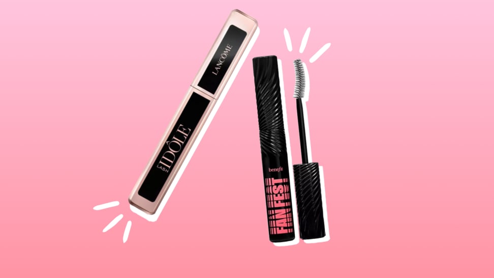 Collage of two tubes of mascara against a pink background.