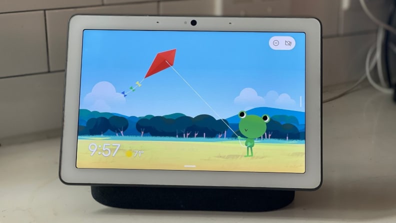 The Google Nest Hub Max smart display sits on a kitchen countertop.