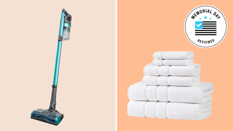 A vacuum cleaner and a stack of towels against an orange background.