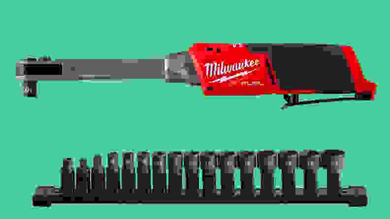 A close-up of the Milwaukee insider ratchet and its socket set on a green background.