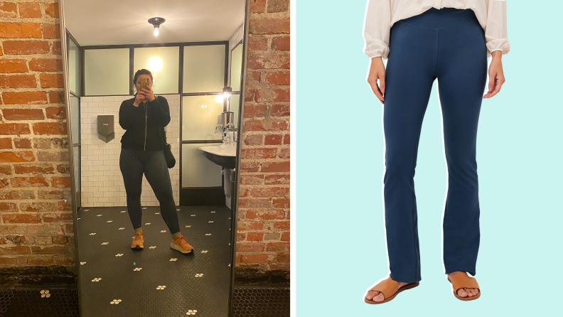 Collage image: On the left is the author taking a mirror selfie wearing gray leggings, a gray zip-up sweatshirt, and orange sneakers. On the right is a model wearing flared blue leggings.