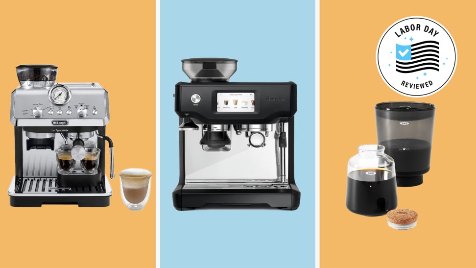 Three coffee machines on colored backgrounds.
