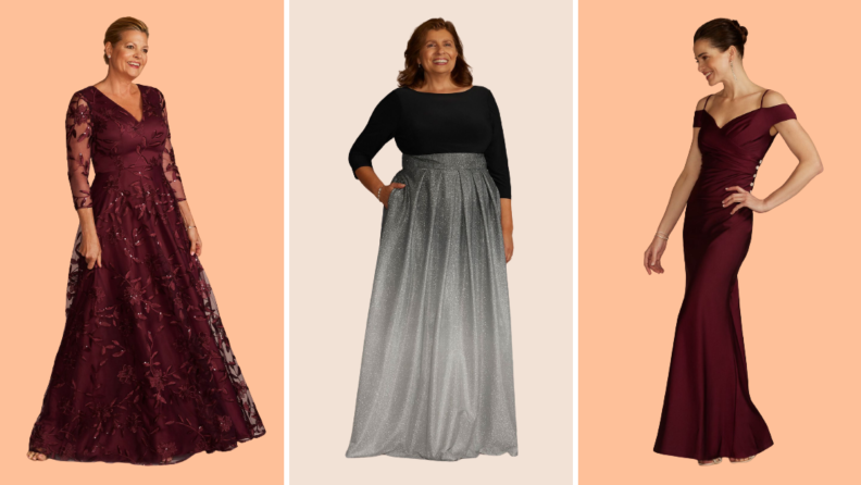 Collage of three women: the first wears a burgundy lace gown, the second wears a gown that is black with an ombre sparkly skirt, and the third wears a burgundy gown with off the shoulder details.