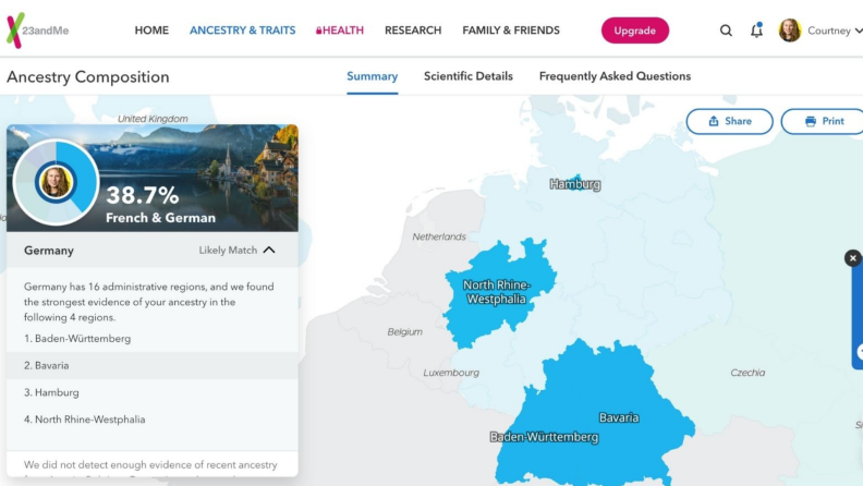 23andMe map highlighting regions on an interactive map