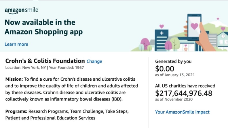 Screenshot of the Amazon Smile charitable-shopping program.