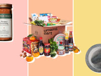 On left, Spice House jar of Merguez. In middle, box of assorted groceries from Umamicart. On right, product shot of Mortar and pestle from Frieling.