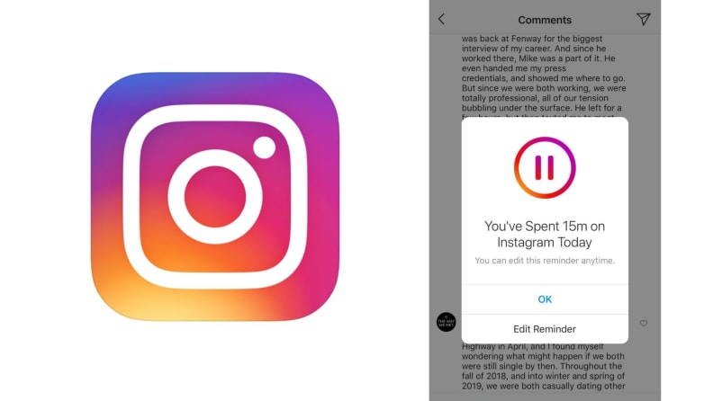 Instagram app icon and screenshot of timer alert