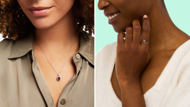 A collage with a necklace and a ring modeled by two women.