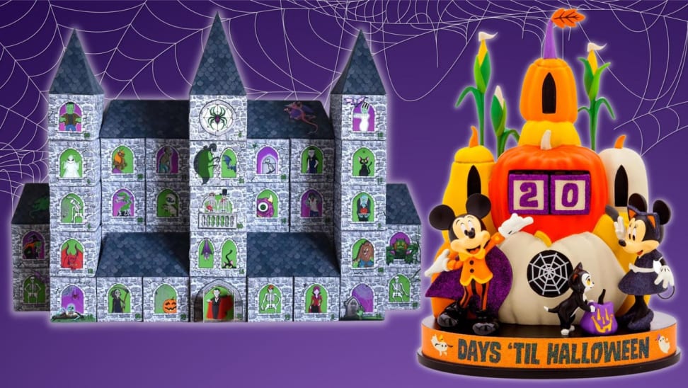 万圣节主题日历和倒计时在紫色背景与蜘蛛网。