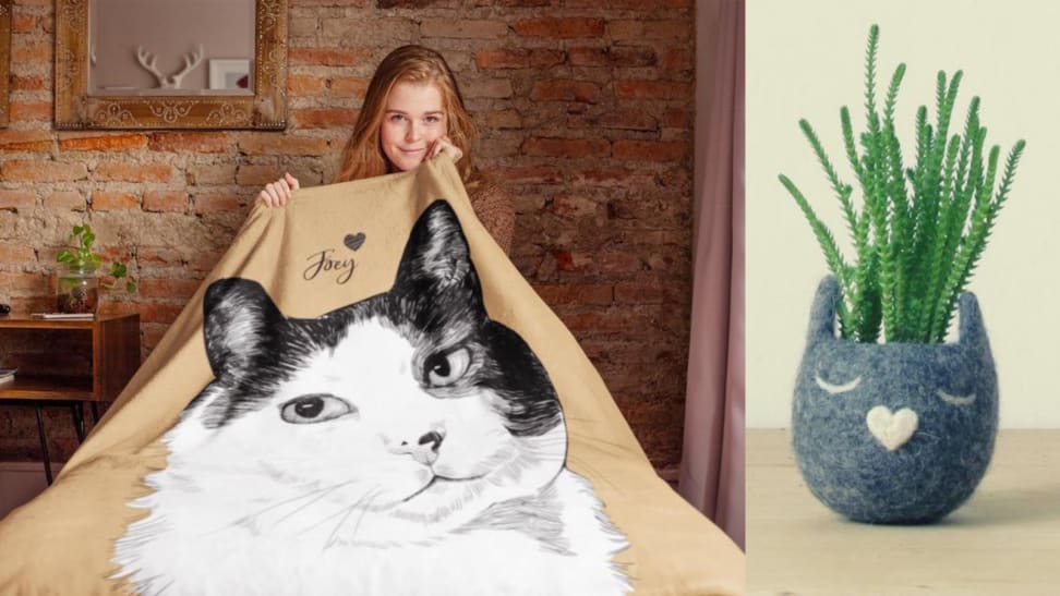 Girl with pet blanket next to pet planter
