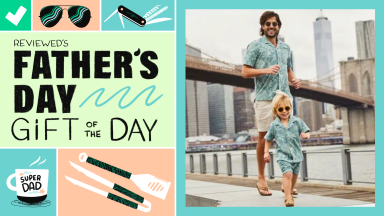 Father's Day Gift of the Day drawings in pastel shades on one side. A man running with his child on the Brooklyn Bridge in another. Both are wearing pastel blue shirts.