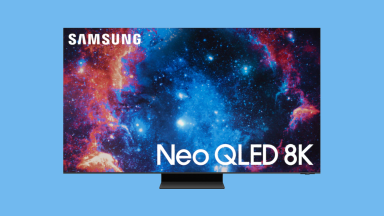 A Samsung TV displaying a starry visual on a blue background.