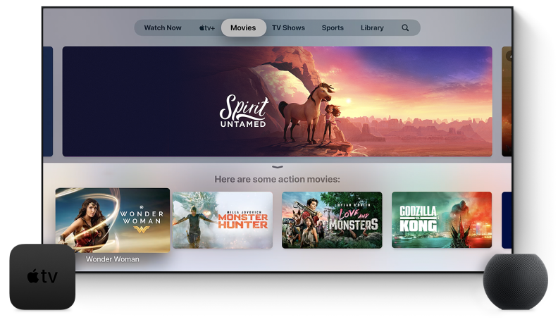 A mockup of the Apple TV's homescreen, with an Apple TV on the left side of the TV, and an Apple HomePod to the right.