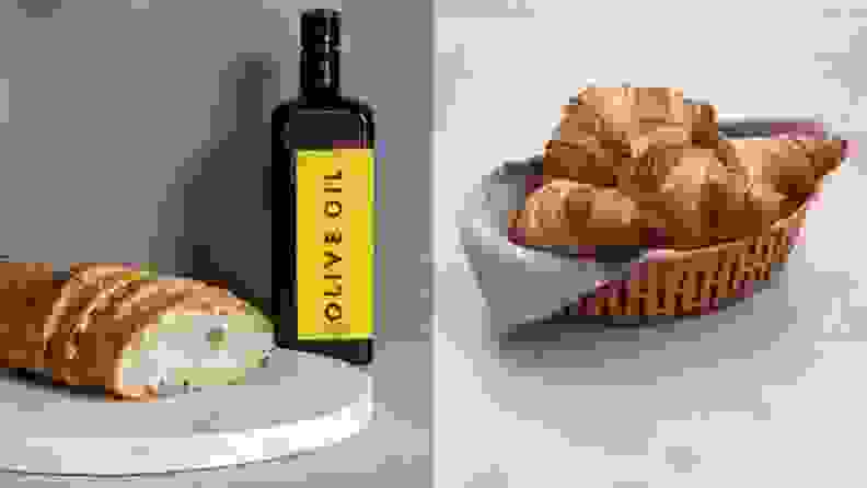 On left, Wildgrain ciabatta roll sliced on marble slab, with olive oil bottle beside. On right, fresh croissants in a basket.
