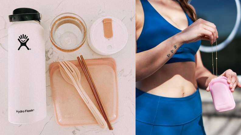 On left, Stasher next to Hydroflask bottle and tupperware. On right, woman wearing blue workout gear putting woman into Stasher.