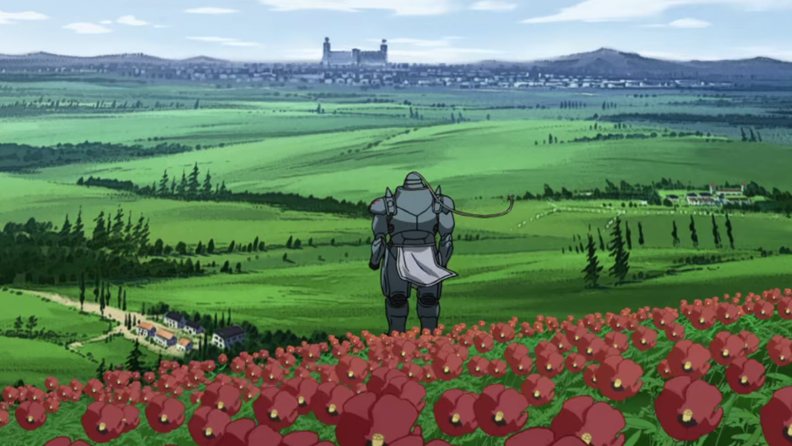 A still of Al from Fullmetal Alchemist Brotherhood standing in a field of flowers.