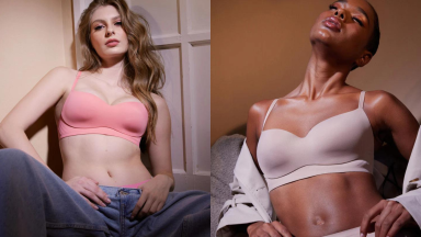 woman wearing the flamingo Eby All Day Balconette bra next to woman wearing the nude All Day Balconette bra