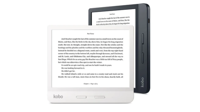 An image of the Kobo Libra e-readers, one in white laid on its side, the other standing upright in black.