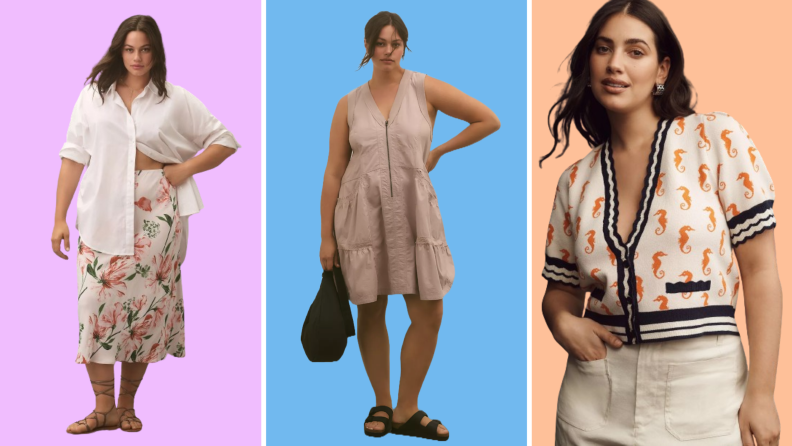 Collage of three women wearing different outfits from Anthropologie