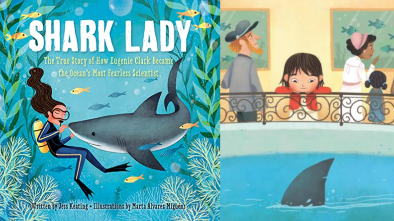 Children's book about Eugenia Clark. Cartoon pictures of woman swimming underwater with shark.