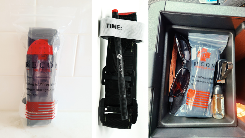 On left, product shot of Recon Medical Tourniquet is plastic packaging. In middle, Recon Medical Tourniquet. On right, Recon Medical Tourniquet in middle console of car, next to sunglasses, hand sanitizer, and garage opener.