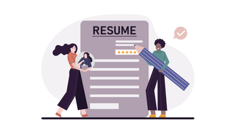 Illustration of people writing a resume.