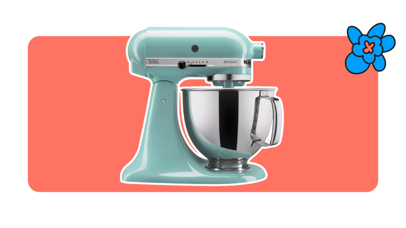 Side view of the KitchenAid Stand Mixer in Aqua Sky color.
