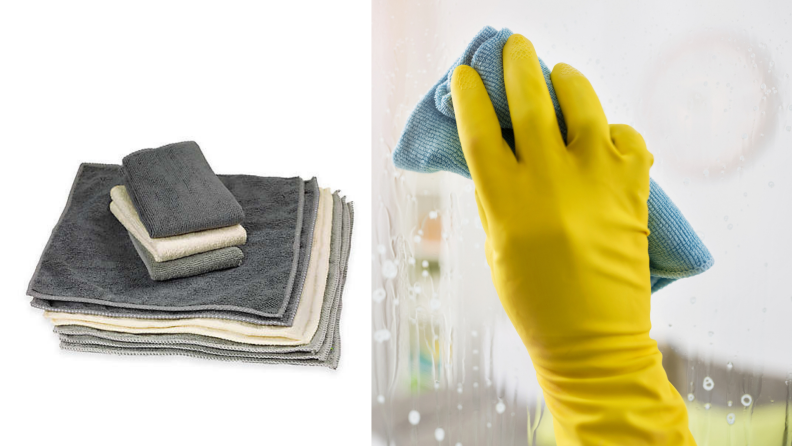 On left, stack of multi-colored neutral colored microfiber cloths. On right, hand wearing yellow rubber glove using microfiber cloth to wipe off glass surface.