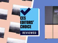Collage of TVs and a refrigerator on colorful background. In center, a CES Editors' Choice badge.