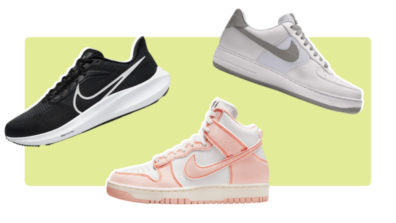 A black Nike sneaker, a pink Nike Dunk, and a gray Nike sneaker.