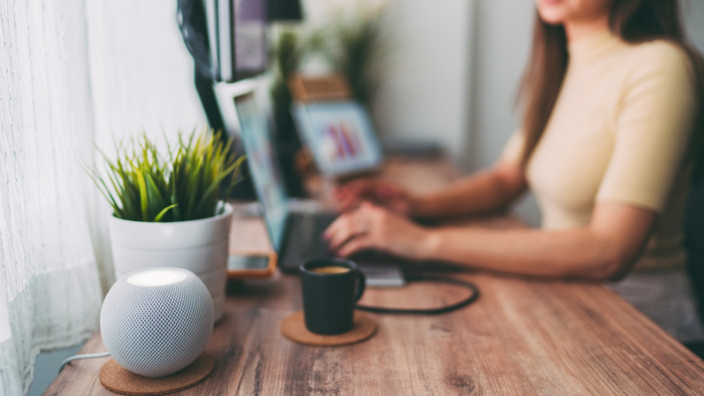 Person sitting at desk while working on computer next to smart speaker.