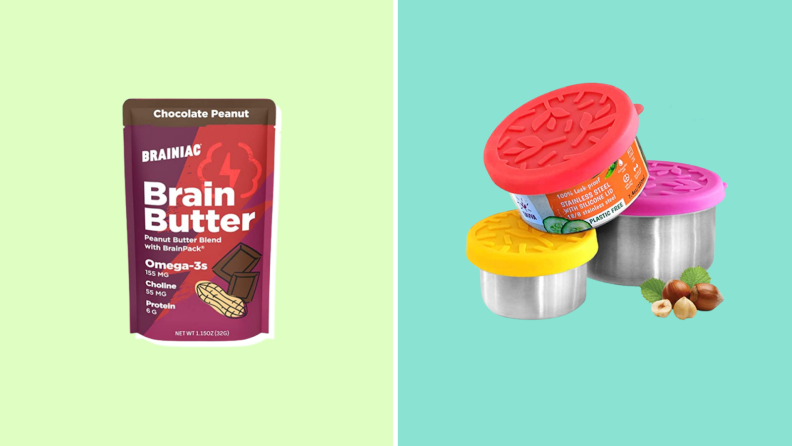 Package of Brainiac Brain Butter next to multi-colored sealable travel containers.