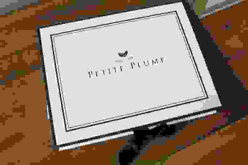 Petite Plume packaging with the brand logo on top