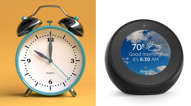 This image shows a side by side of an alarm clock and Amazon Echo Spot.