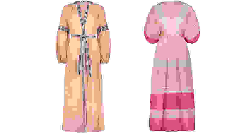 A peasant-style dress in salmon pink next to a plunging, maxi-length ombré dress