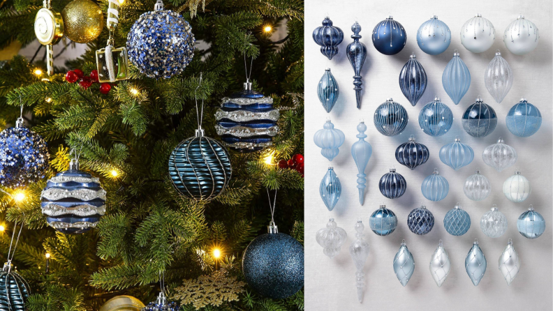 Two images of blue Christmas ornaments.