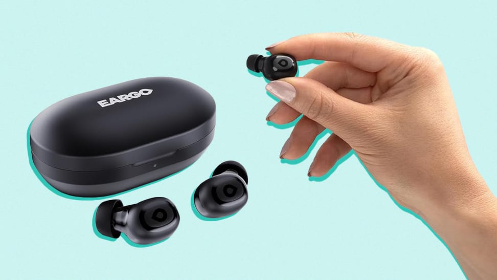 Hand holding a Link by Eargo earbud in fingers next to two earbuds and a charging case.